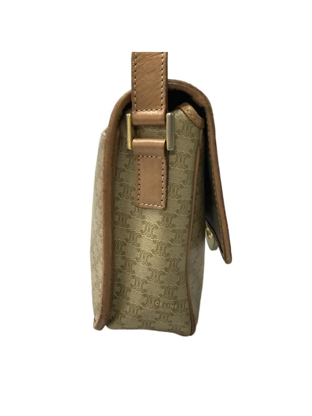 Celine Shoulder Bag Circle Logo Macadam Pattern Khaki Ivory Light Brown Leather - Picture 2 of 11
